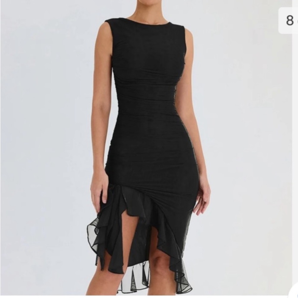 BLACK ASYMMETRICAL RUFFLE HEM RUCHED DRESS - Picture 2 of 13